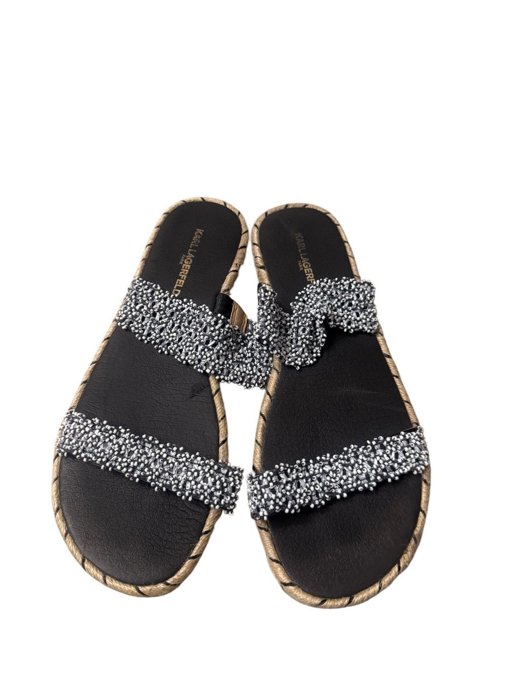 Karl Lagerfeld Navy and White Braided Espadrille Slide Sandals